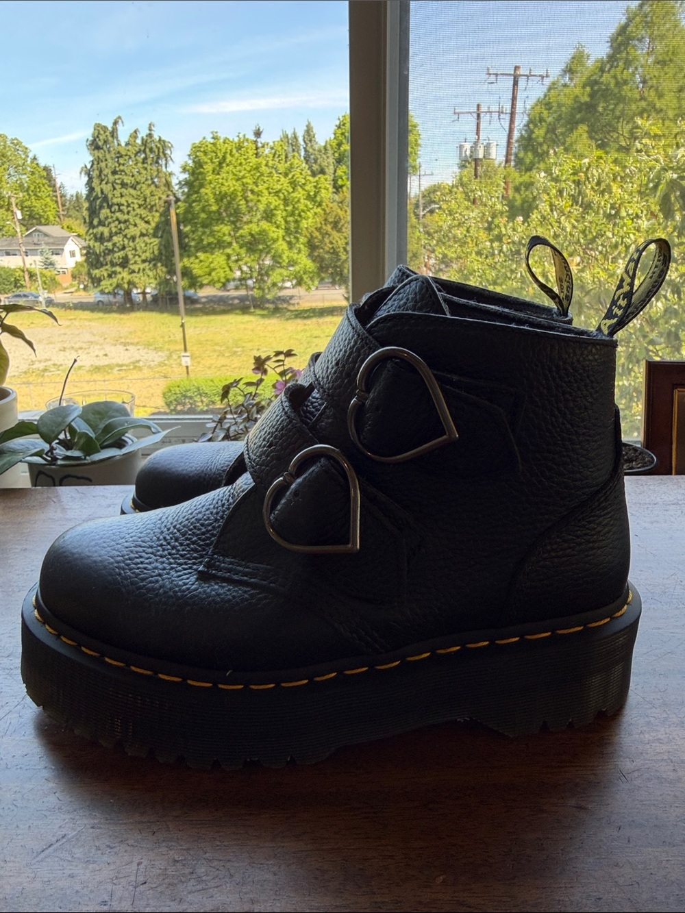 Dr. Martens Black Leather Platform Ankle Boots with Yellow Stitching